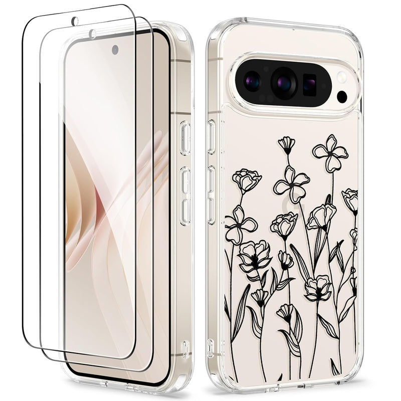 Pixel 9/9 Pro Case, Clear Floral, 2X Screen Protectors, Slim, Shockproof, Black