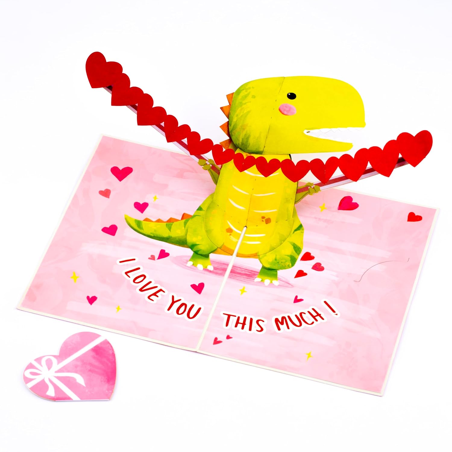 I Love You This Much Pop Up Card, Dinosaur, Heart, 3D Popup Greeting Cards, Gift For Valentines, Birthday, Mothers Day, Anniversary, Thinking Of You, 5X7 - Includes Envelope And Message Note