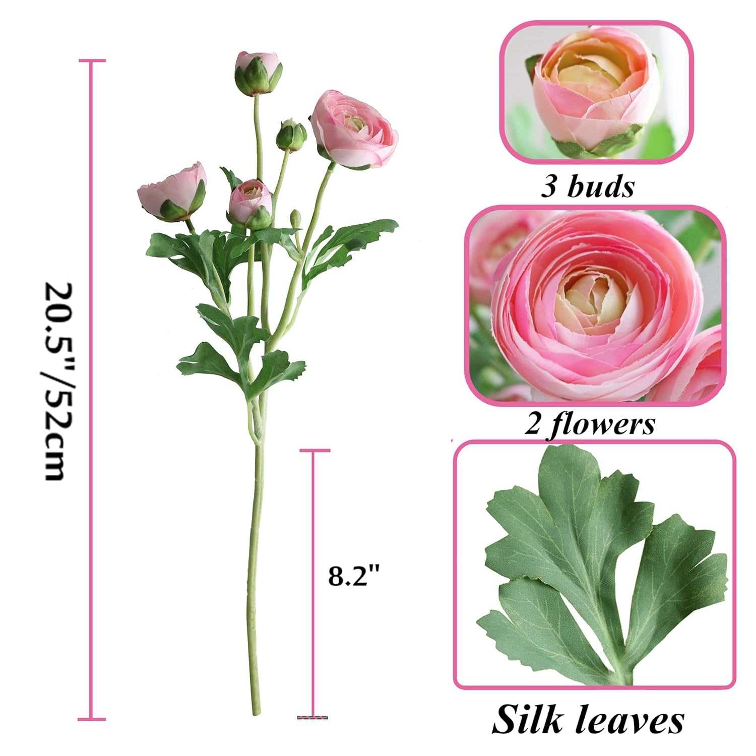 5Pcs Artificial Ranunculus Flowers With Silk Flower Real Touch Stem Spray For Home Garden Office Decoration Wedding Diy Arrangements (Light Pink)