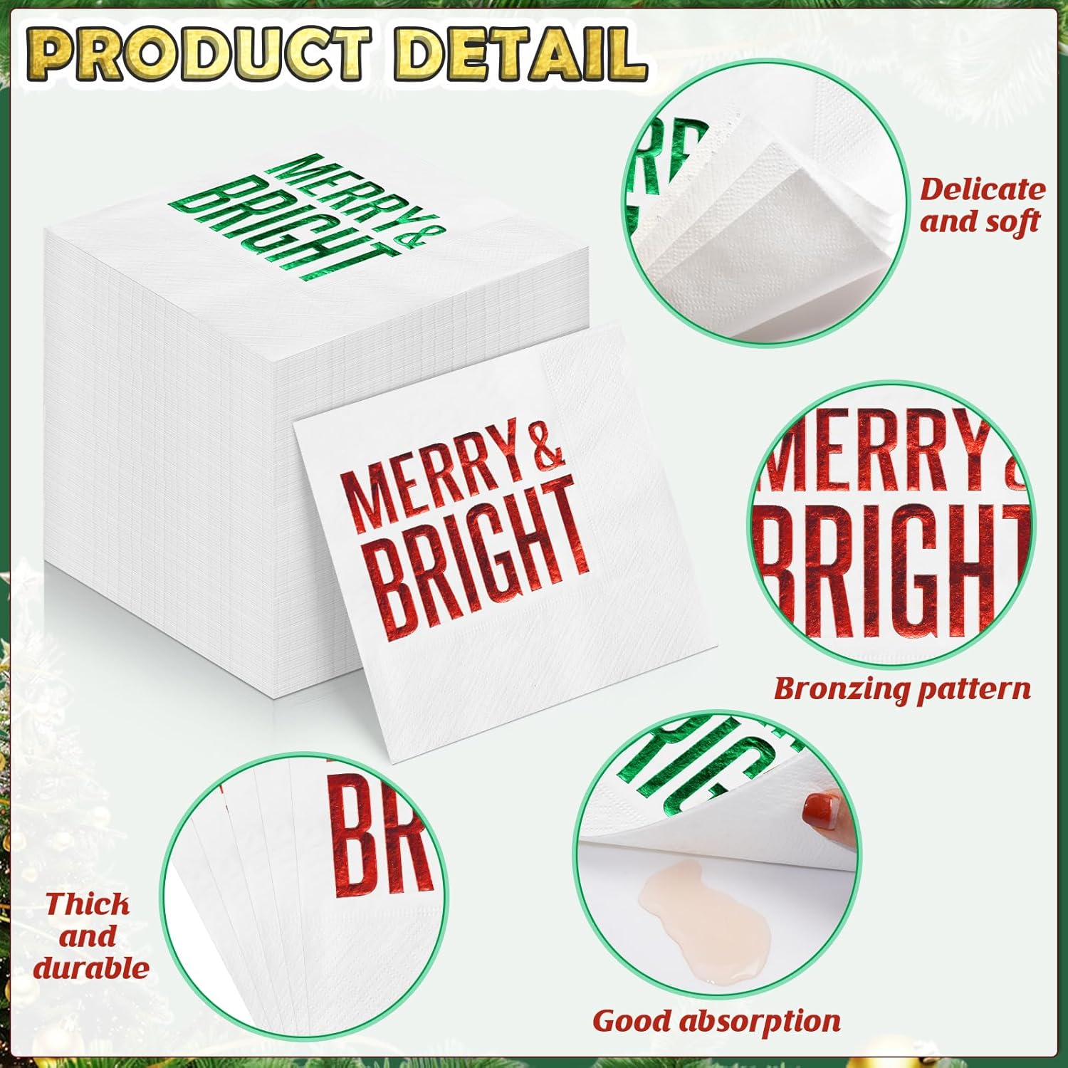 100 Pcs Christmas Paper Napkins Disposable, Merry Bright Red And Green Foil Cocktail Napkins, Xmas Holiday Party Guest Dinner Napkin Hand Towels For Christmas Winter Party Supplies, 6.5 X 6.5 Inch