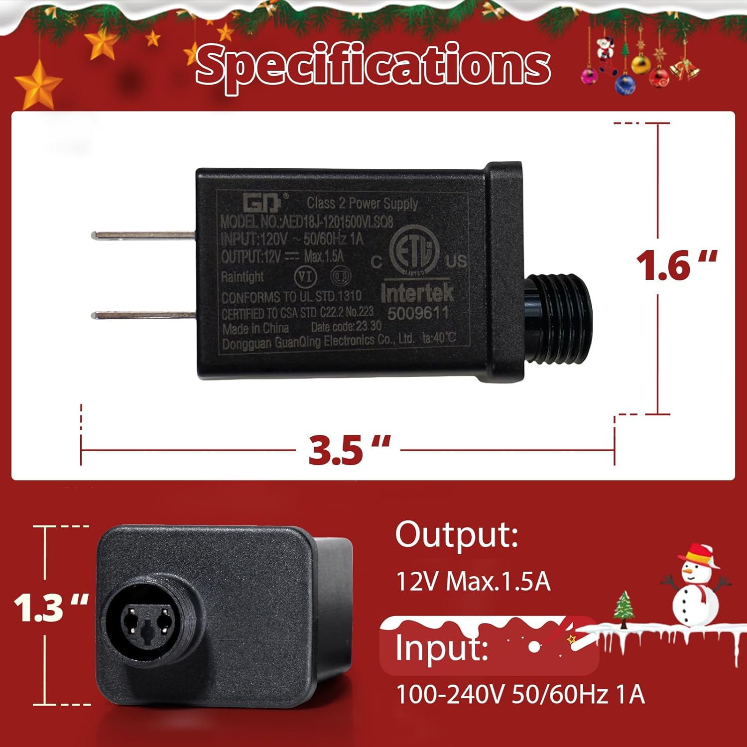 Christmas Inflatable Plug Replacement 1.5A, For 6-8 Ft Christmas Blow Up, 12V Class 2 Power Unit, For Xmas Inflatables,
