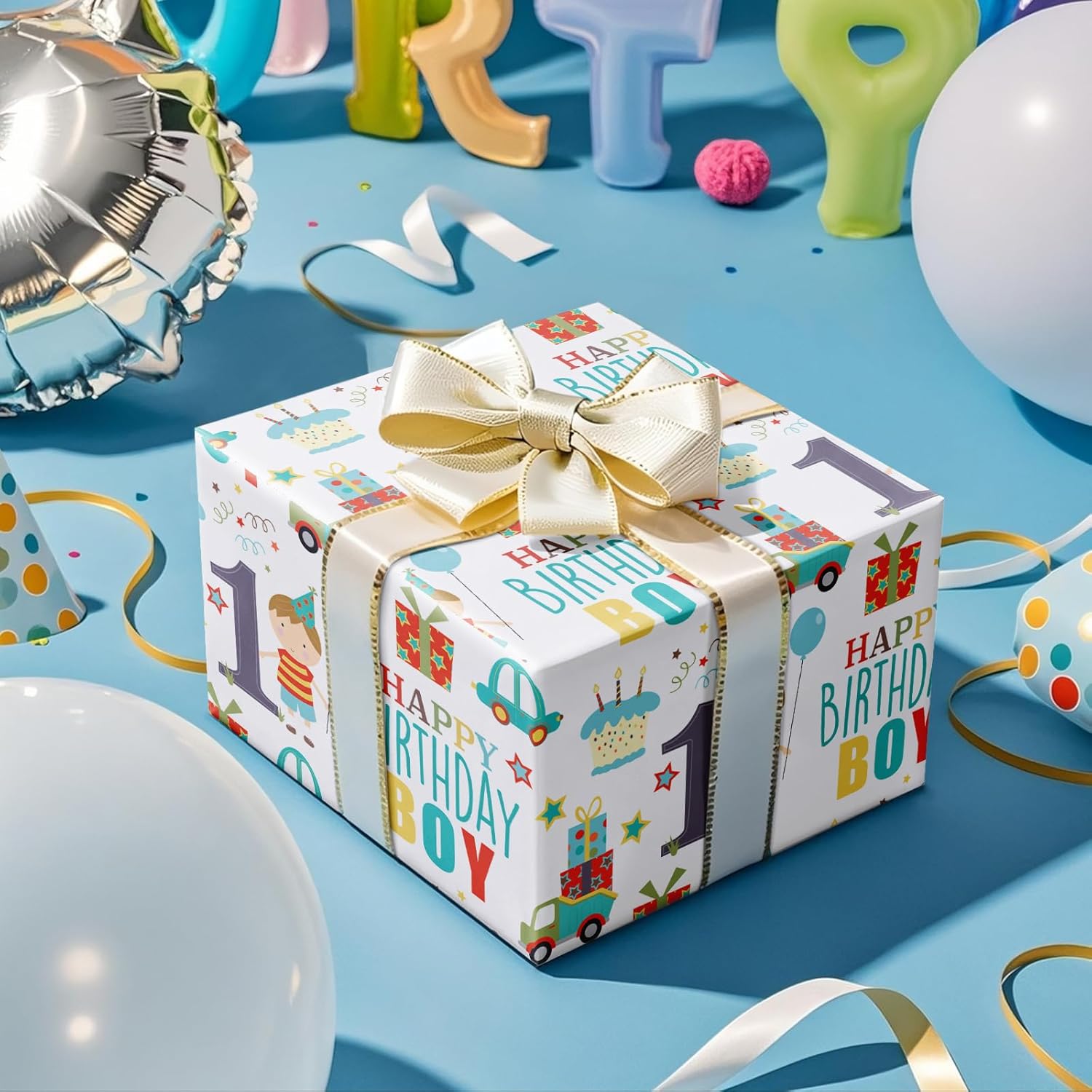 Happy 1St Birthday Wrapping Paper Roll For Boys, Mini Roll, Blue Cute Boy, Gift, Car And Cake Pattern Gift Wrap Paper For Birthday Party And More, 17 Inches X 16.4 Feet, 1 Year Old