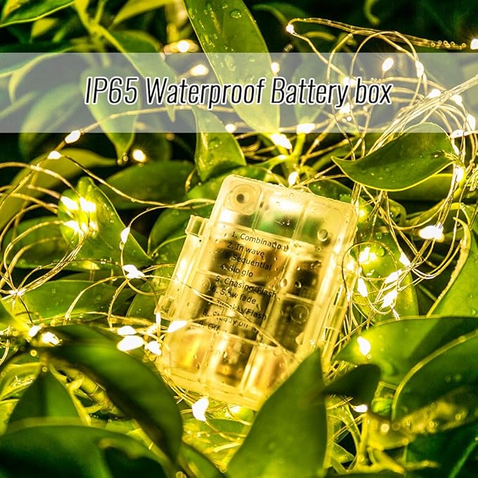 2 Pack Battery Operated Fairy Lights 33FT 100 LED Warm White Copper Wire String Lights with Remote Timer Dimmable Waterproof Twinkle Lights