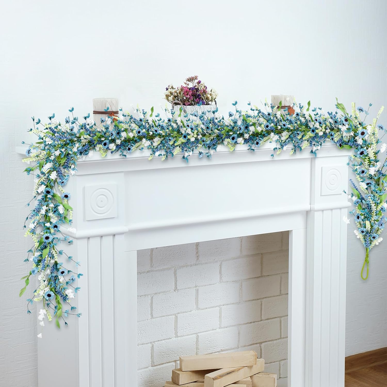 2 Pcs 6 Ft Daisy Flowers Garland - Summer Floral Artificial Blue And Green Leaves Daisy Garland For Mantle Realistic Hanging Flower Decor For Home Fireplace Stairs