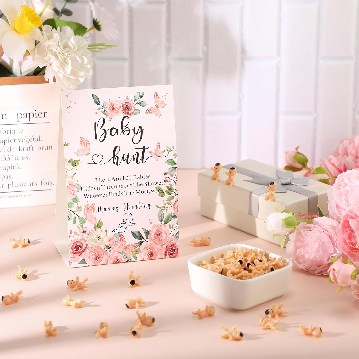 101 Pcs Baby Shower Games Include Paperboard Baby Hunt Sign 100 Mini Plastic Babies Tabletop Sign Tiny Babies Funny Prizes For Gender Reveal Party Favors(Pink,Flowers)