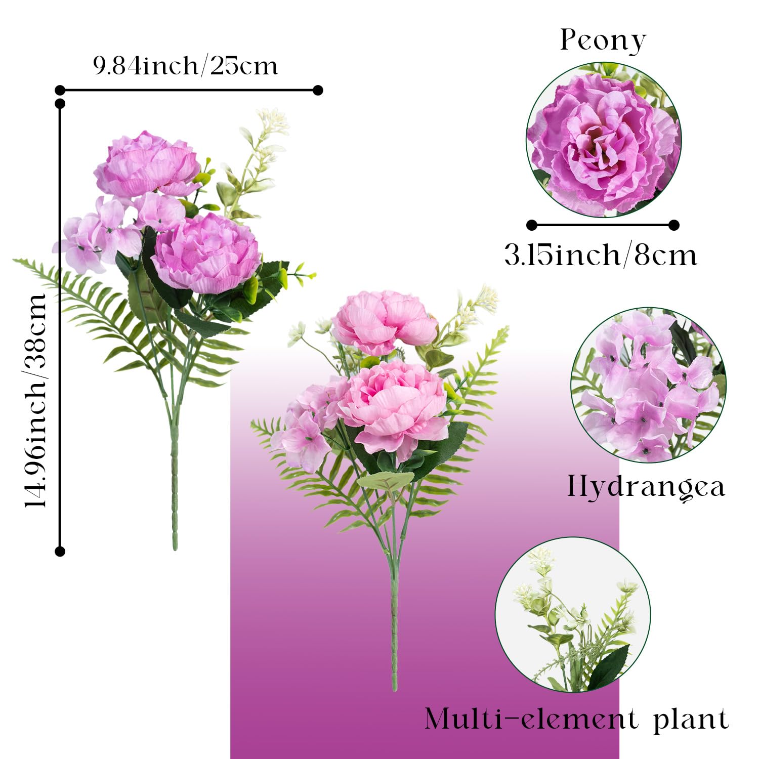 6 Bundles Peonies Artificial Flowers For Outdoors Uv Resistant Faux Peony With Hydrangea Fake Flowers Silk Flowers For Outside Front Porch Garden Window Box Decor(Lavender Pink, Purple)