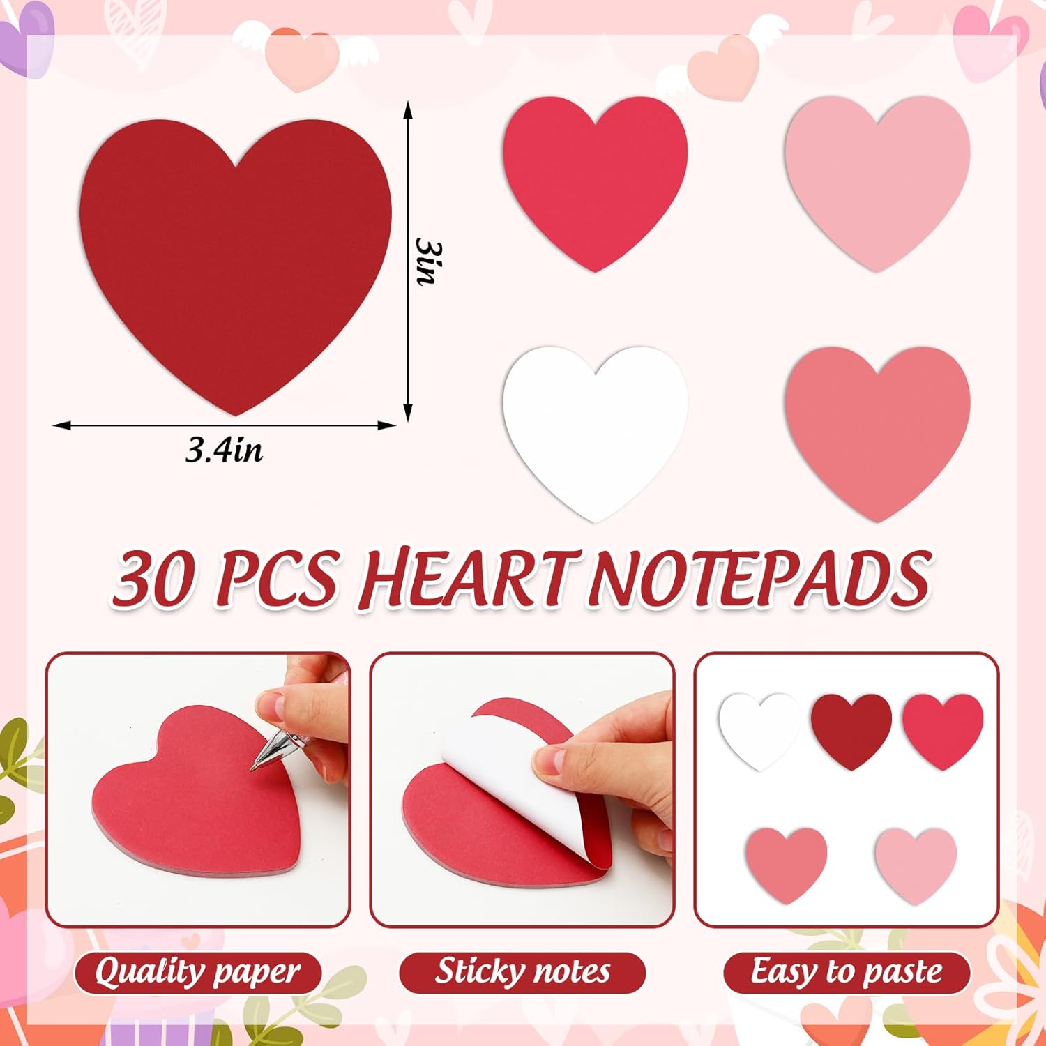 60Pcs Valentine'S Day Stationery Set Pink Red White Heart Sticky Note Pads With Love Heart Ballpoint Writing Pens For Home Office Classroom Party Favors Supplies