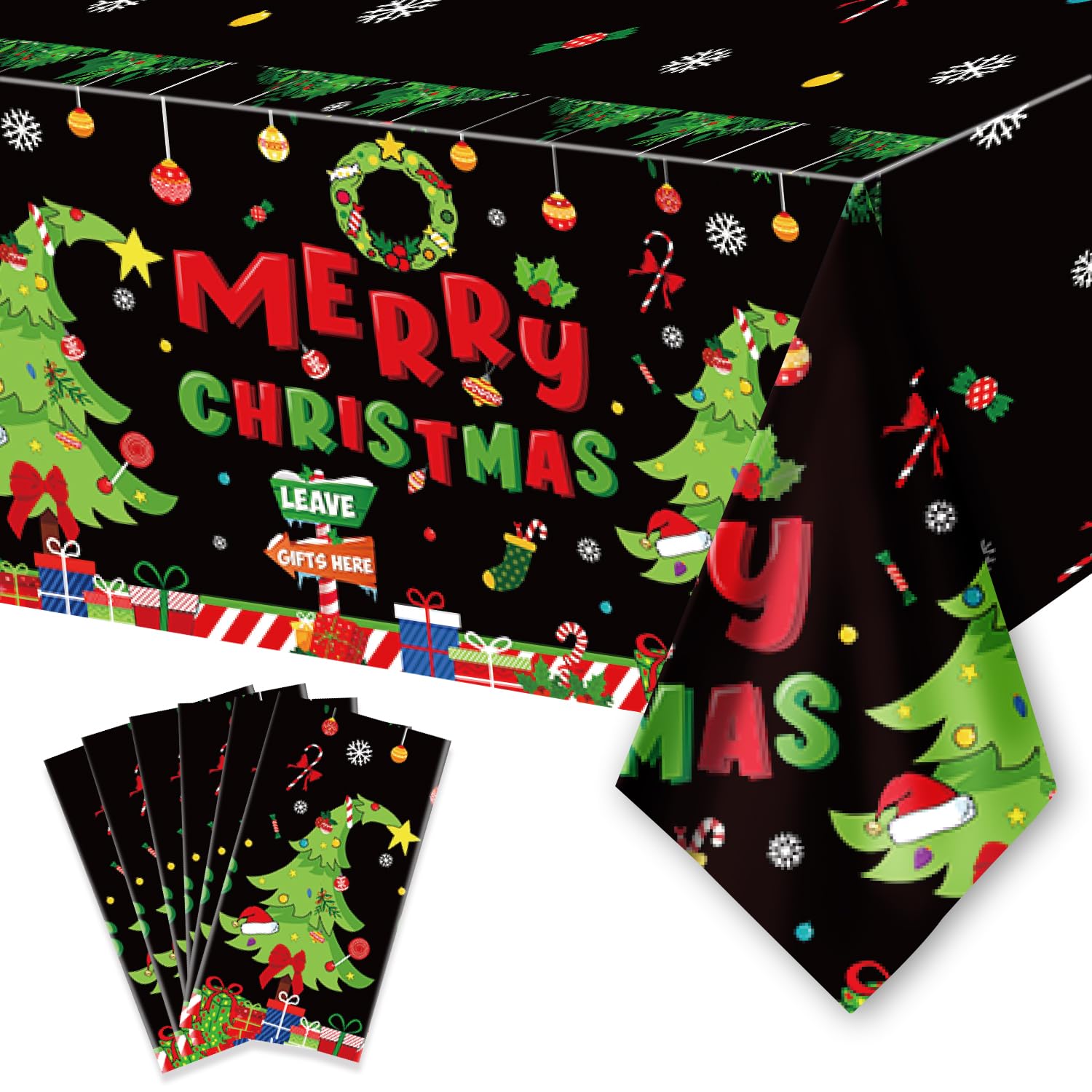 6Pcs Christmas Disposable Tablecloths, 108" X 54" Rectangular Plastic Waterproof Tablecover With Christmas Stocking Gift Wreath, Winter Holiday Themed Party Party Decoration Supplies