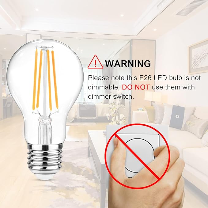 A19 LED Filament Light Bulbs 6 Pack 60W Equivalent 2700K Warm White E26 Clear Glass Non Dimmable