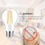 A19 LED Filament Light Bulbs 6 Pack 60W Equivalent 2700K Warm White E26 Clear Glass Non Dimmable