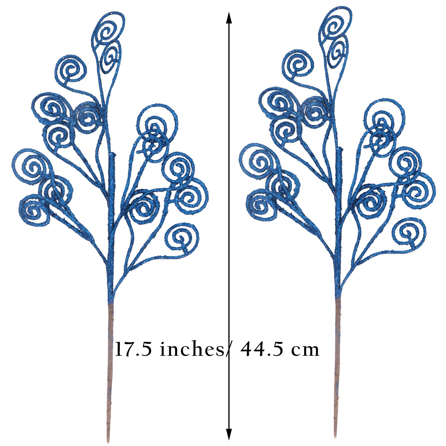 6Pcs Artificial Glitter Stems Ornaments 17.5" Sparkly Twigs Sticks Candy Sprays Curly Picks For Christmas Tree Branches Vase Fillers Wedding Party Holiday Arrangement Decor (6, Blue)