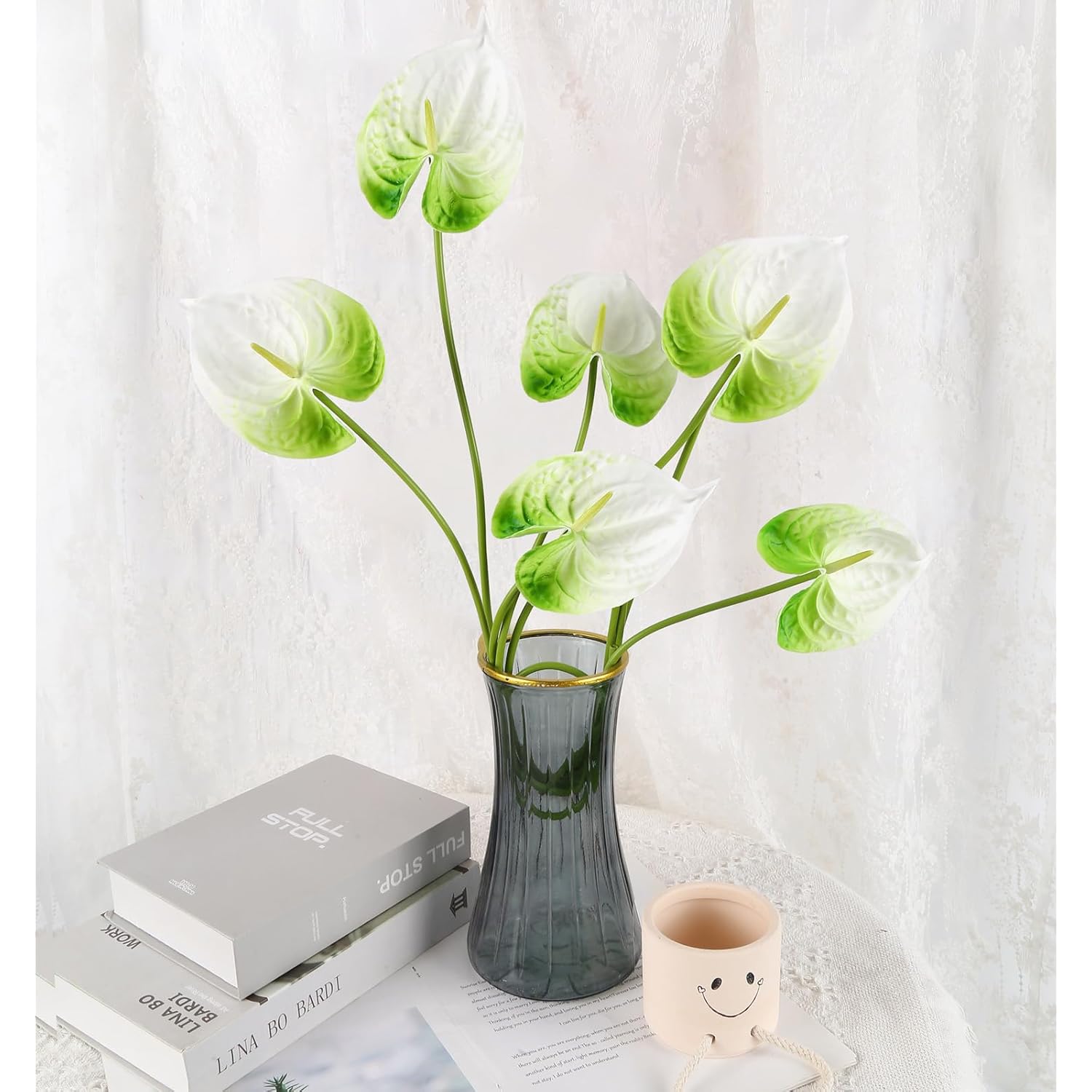 8Pcs Artificial Anthurium Flowers 24.8’’ Pu Real Touch Tropical Flowers Faux Anthurium Flowers With Long Stems For Wedding Bouquet Home Party Outdoor Decor(White&Green)