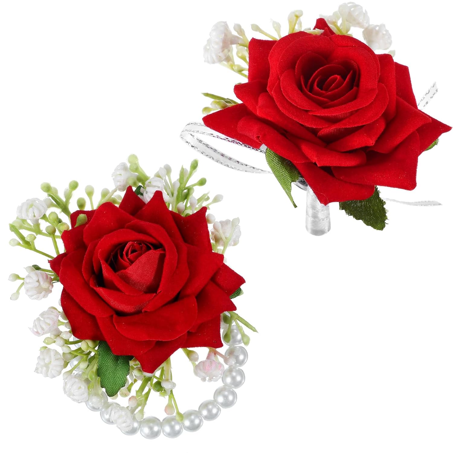 2Pcs Red Rose Corsage Set Pearl Hand Flower Wrist Corsage For Wedding Party Homecoming Ceremony Anniversary Prom Flower Corsages Bridal Bridesmaid Women