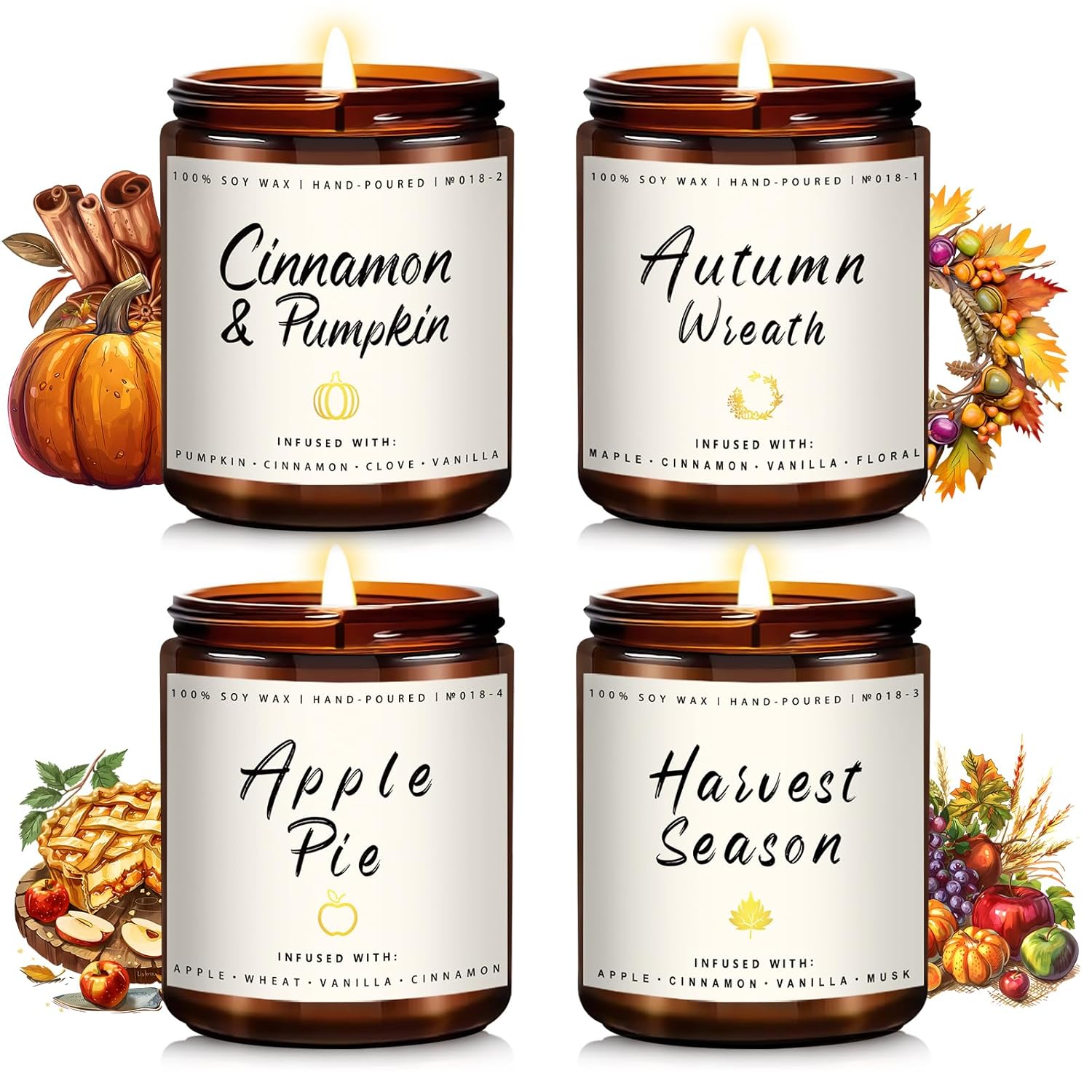 Fall Candle Set | 4 Pack Scented Candles For Home - Candle Gifts For Women Men, Soy Candles Home Scented | Autumn Fragrance Of - Apple Pie/Cinnamon/Harvest/Wreath