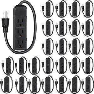 20 Pack 3 Outlet Power Strip 1FT Extension Cord Flat Plug Mountable Mini Power Strip Black