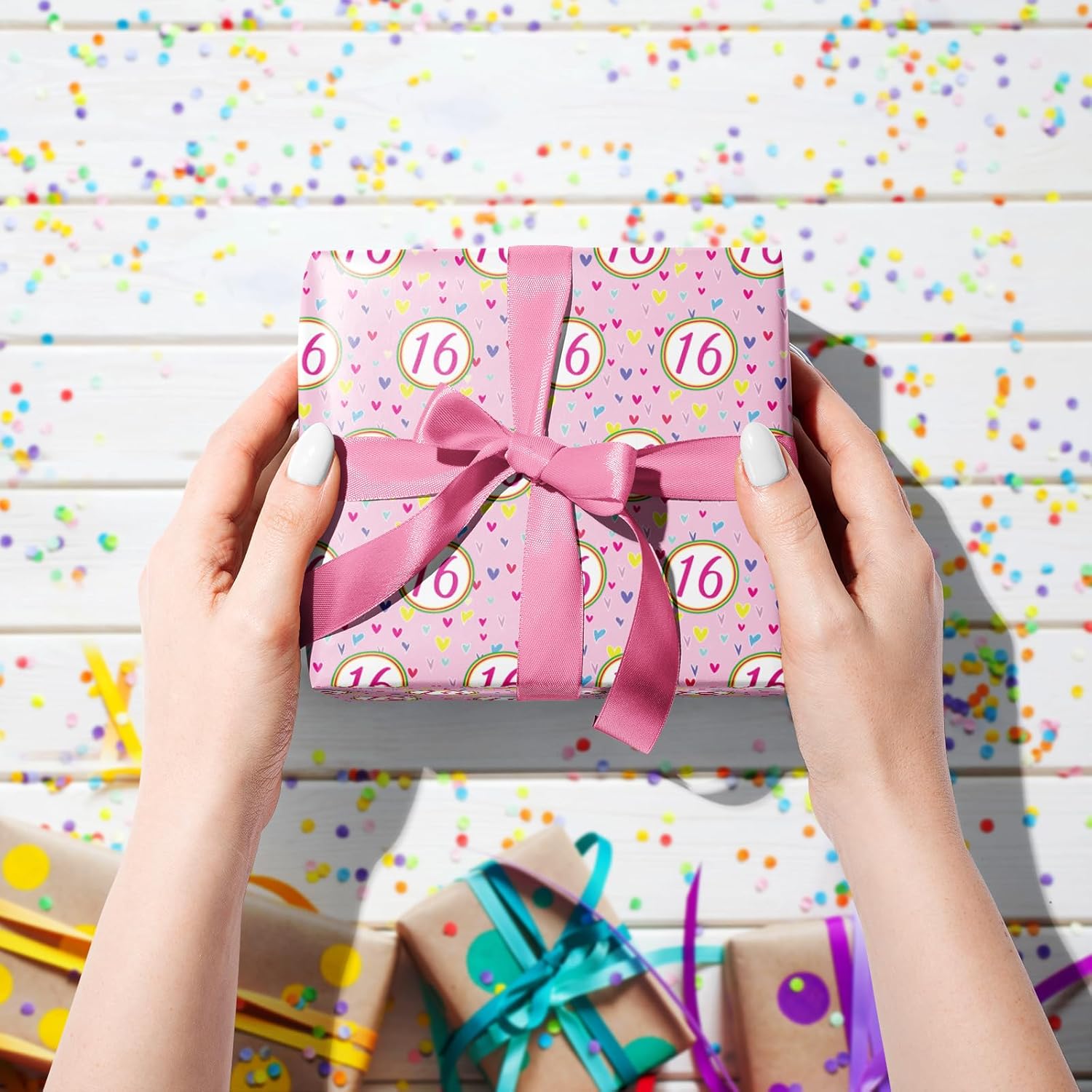 16Th Birthday Wrapping Paper Roll, Pink Happy 16Th Birthday With Heart Gift Wrap For For Age16 Teens, Kids, Girls, Friends, Mini Roll, 17 Inches X 16.4 Feet, 16 Years Old