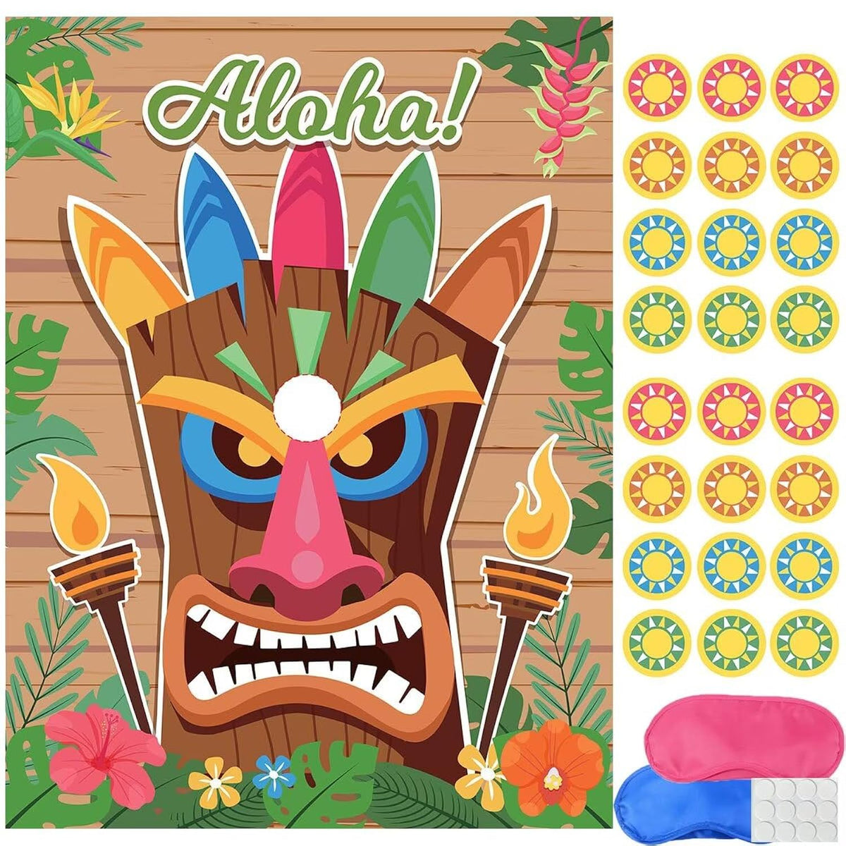 Hawaiian Luau Party Game Hawaiian Theme Party Game Pin The Sun On The Tiki With 24 Stickers 2 Blindfolds For Adults Kids Party Games, Tropical Summer Beach Aloha Party Games Hawaii Party Supplies
