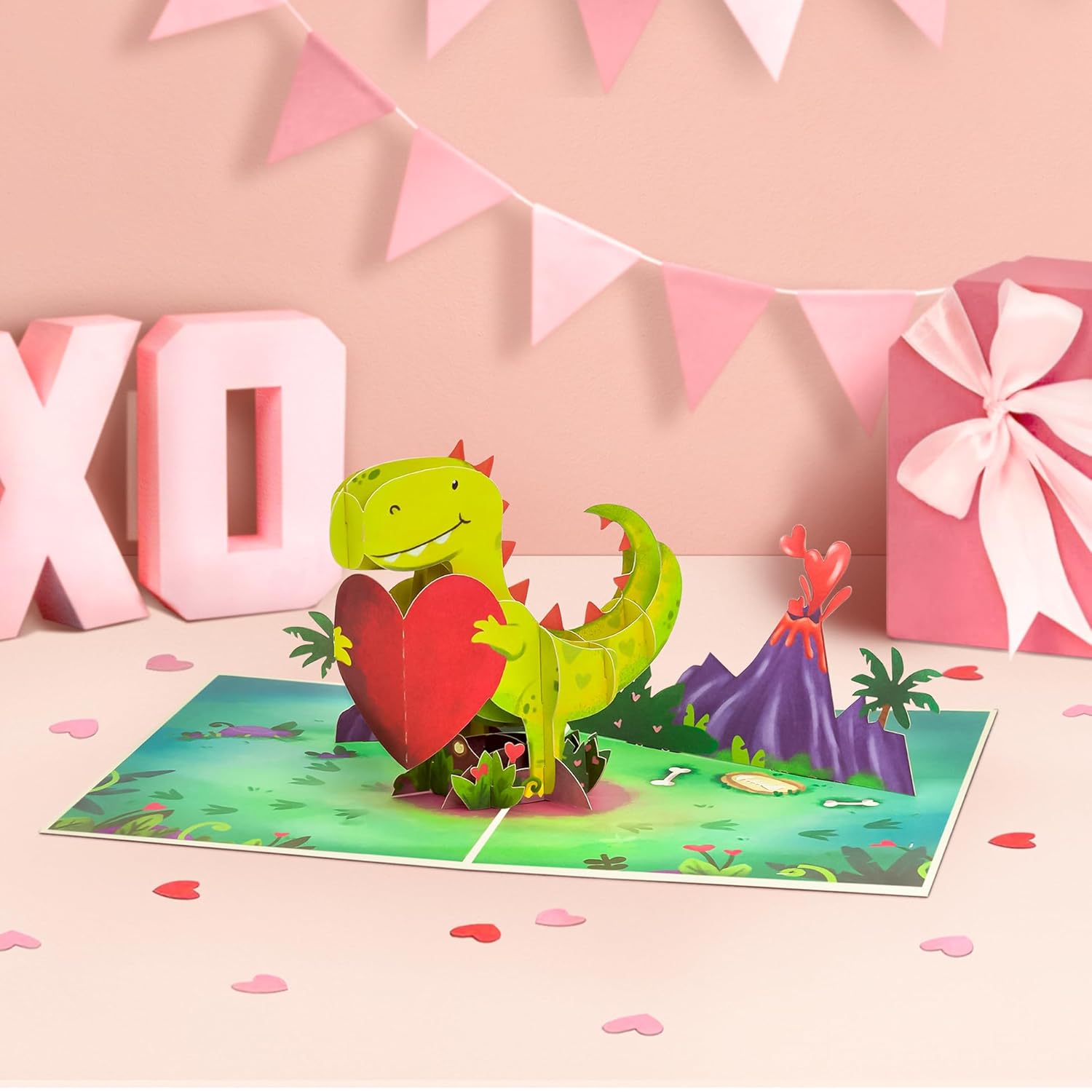 Love Dinosaur Valentines Day Pop Up Card, Volcano, Heart, 3D Greeting Cards, Gifts For Wife, Husband, Him, Her, Lovers, Boyfriend, Girlfriend, Kids, 5X7 - Includes Envelope And Message Note