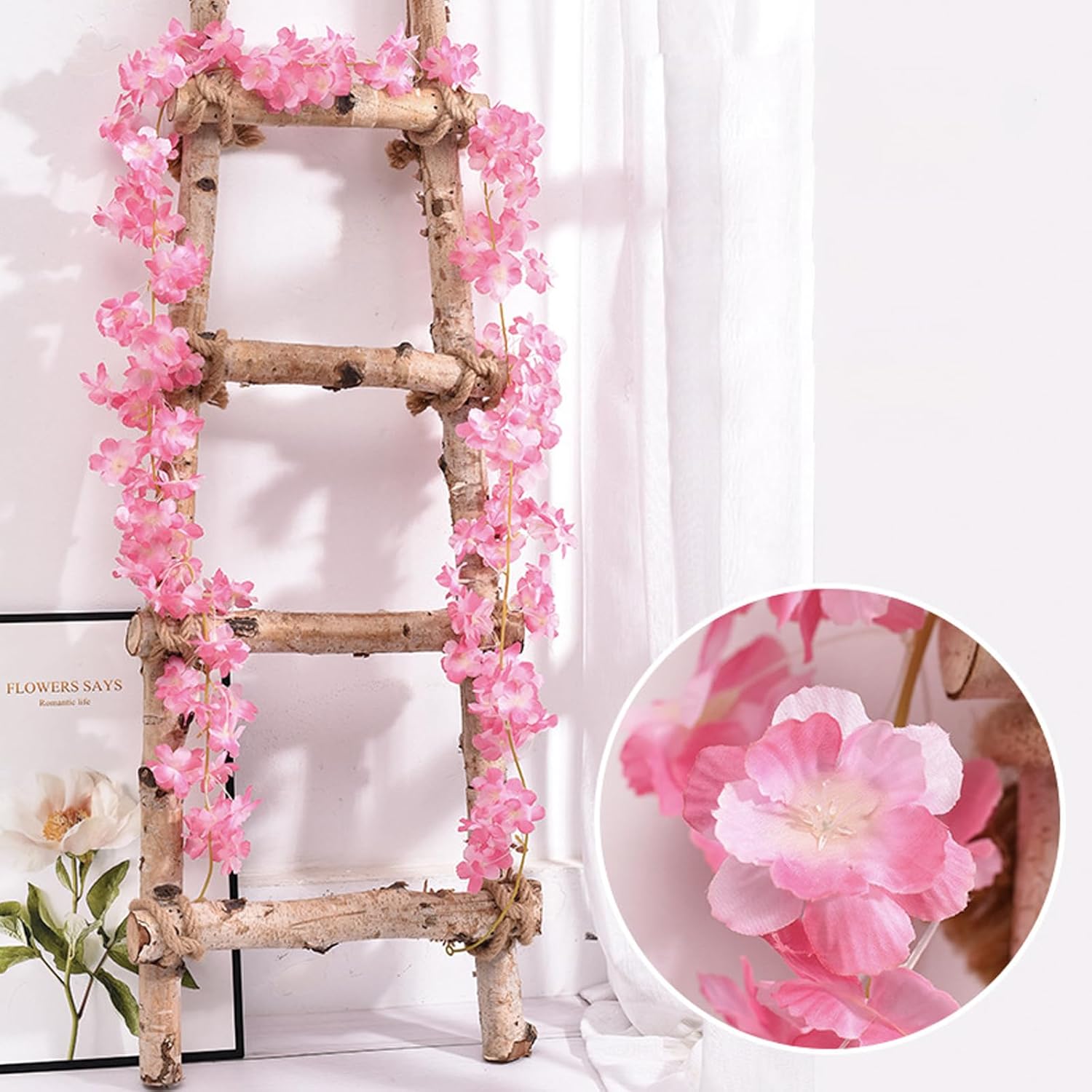 6Pcs Artificial Cherry Blossom Flower Vines Fake Cherry Blossom Flower Hanging Flower Vine Faux Sakura For Home Wedding Party Decor (Dark Pink)