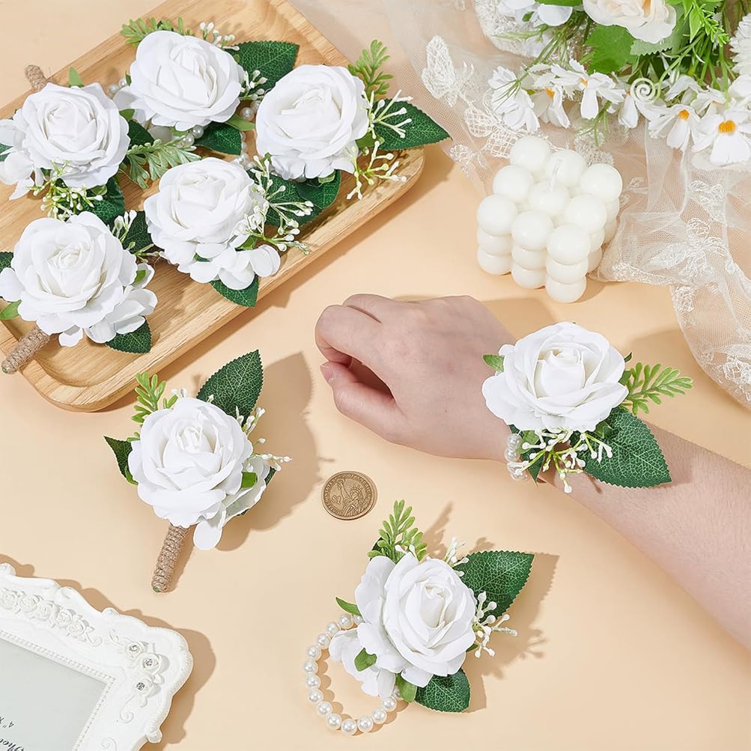 4 Pairs Ivory White Roses Wristlet Corsage Band & Boutonniere Set, Romantic Artificial Flower Wrist Corsage Bracelet Accessories For Wedding Bridal Groom Prom Men Women Flower Girl Guest