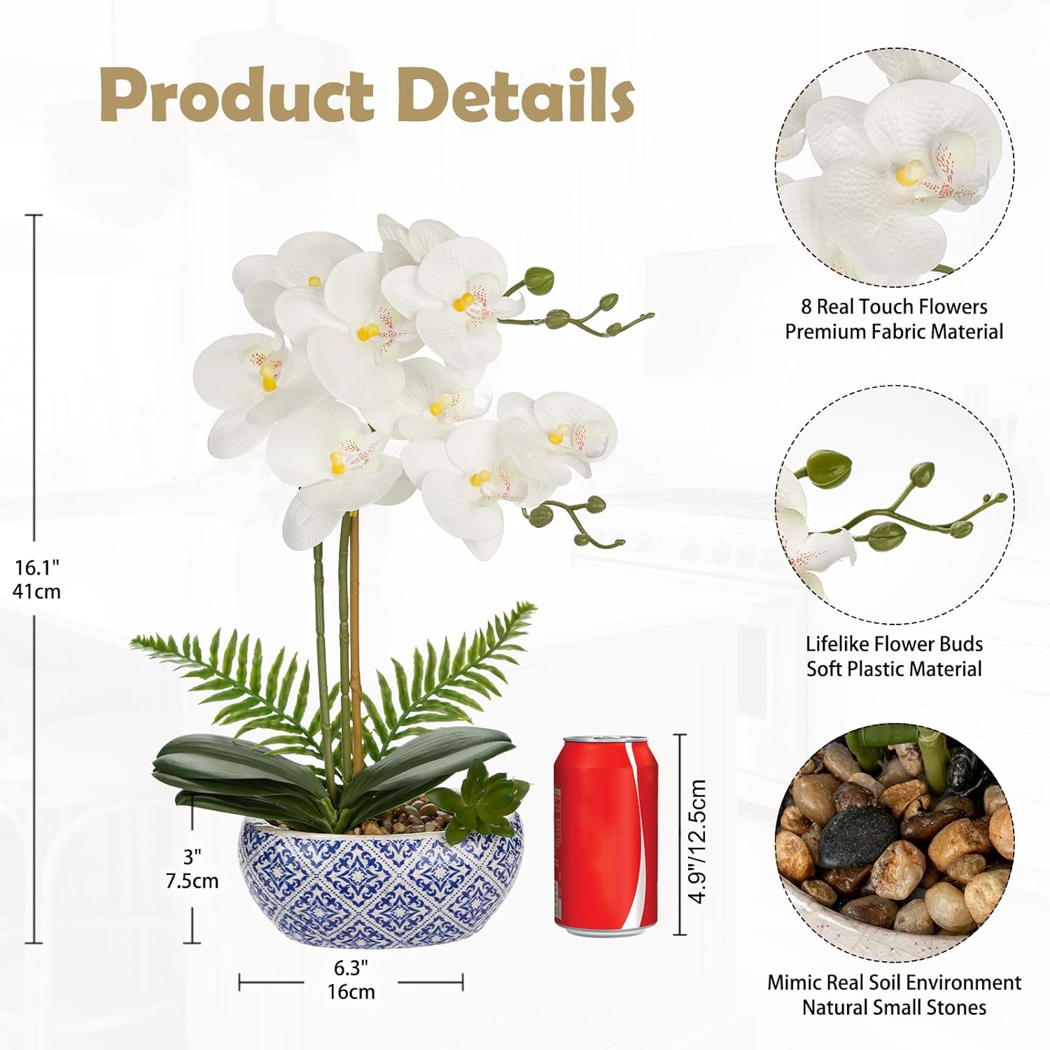 White Orchids Artificial Flowers In Pot 16.1" Faux Orchids Plant In Blue And White Pot Real Touch Fake Phalaenopsis Flower Arrangement Dinner Table Centerpiece For Dining Room Bathroom Decor