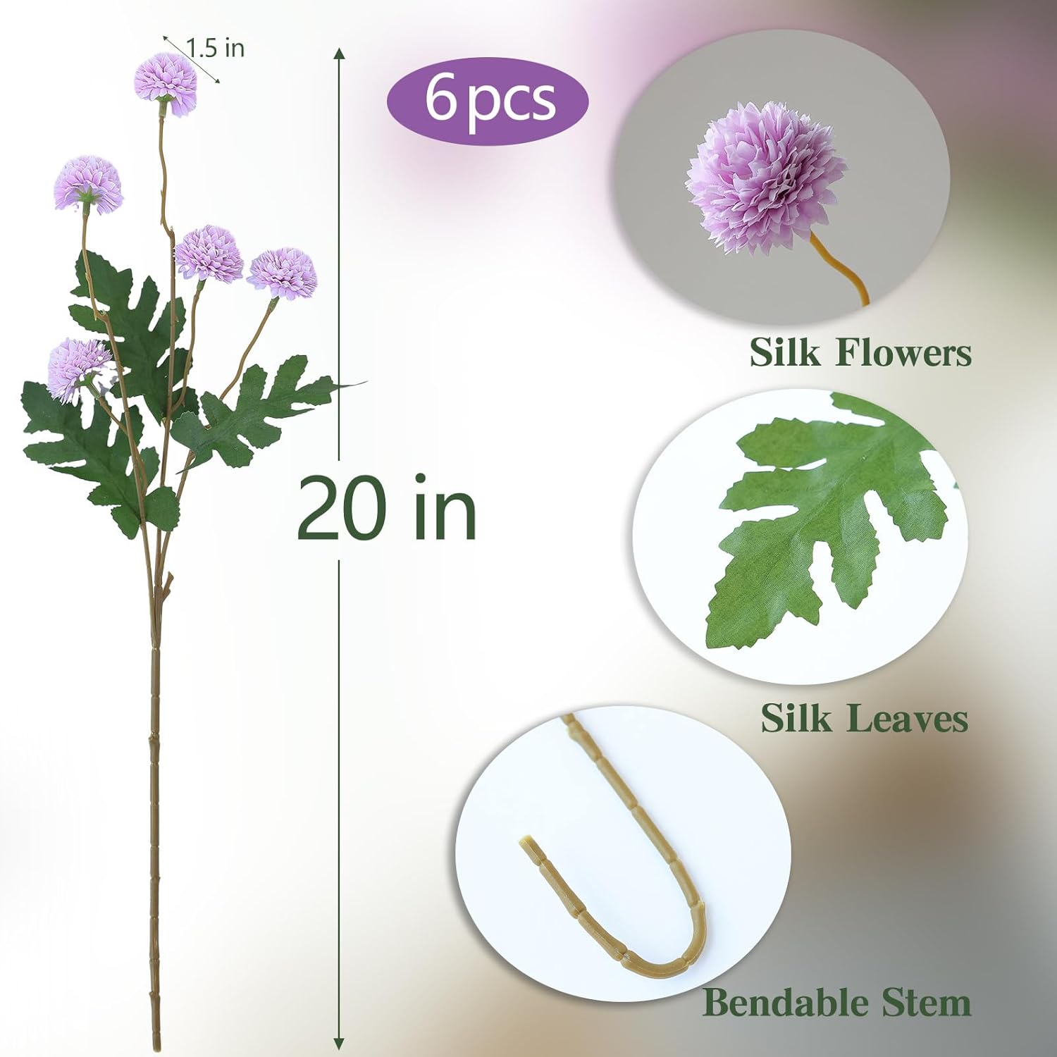 6Pcs Purple Fake Silk Pompon Mum Artificial Flowers Bulk Small Faux Chrysanthemums With Stems Realistic Floral Decorations For Wedding Diy Bouquet Centerpieces Shower Vase Home Decor (Purple)