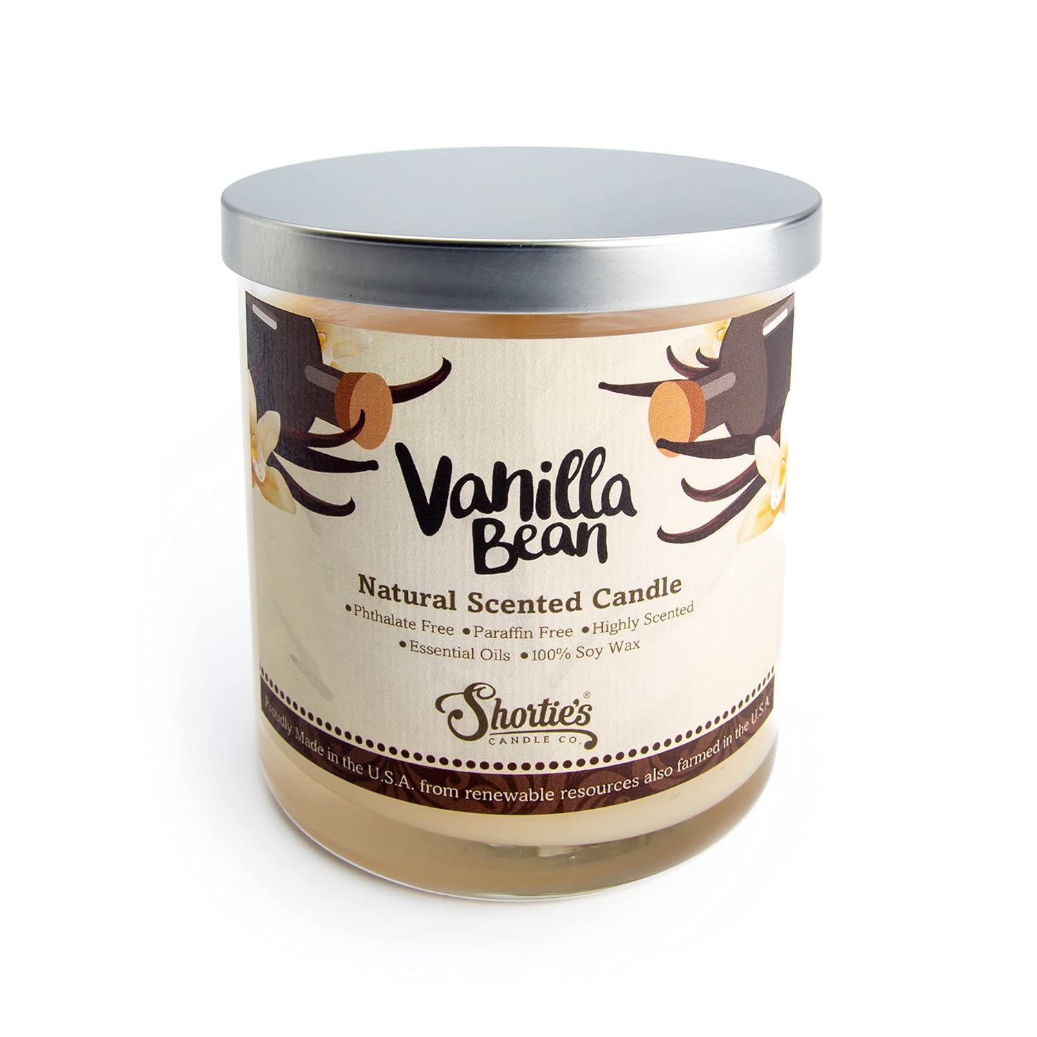Vanilla Bean Scented Natural Soy Candle, Essential Fragrance Oils, 100% Soy, Phthalate & Paraben Free, Clean Burning, 9 Oz.