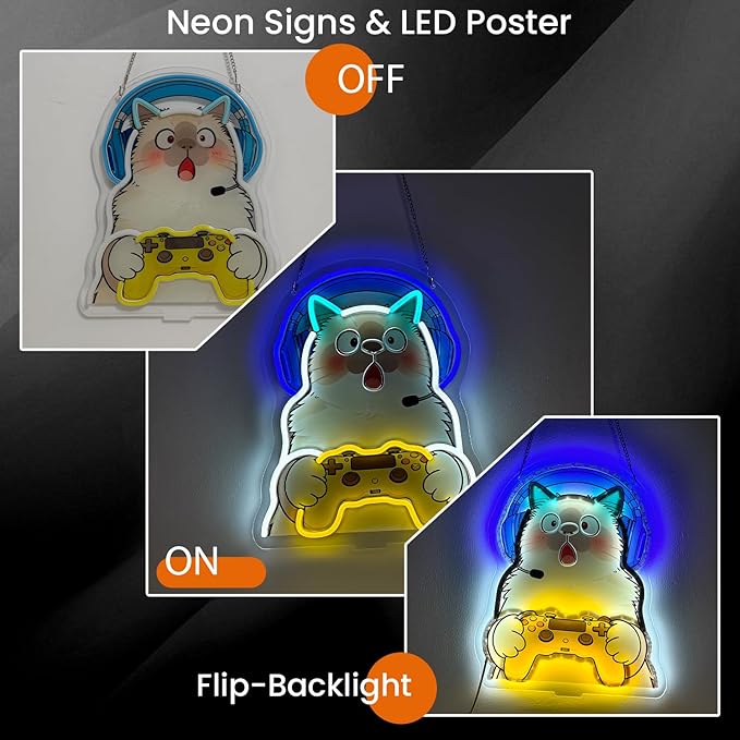 Game Cat Neon Sign LED Gamer Light with Base Tabletop Cat Neon Decor for Bedroom Game Room