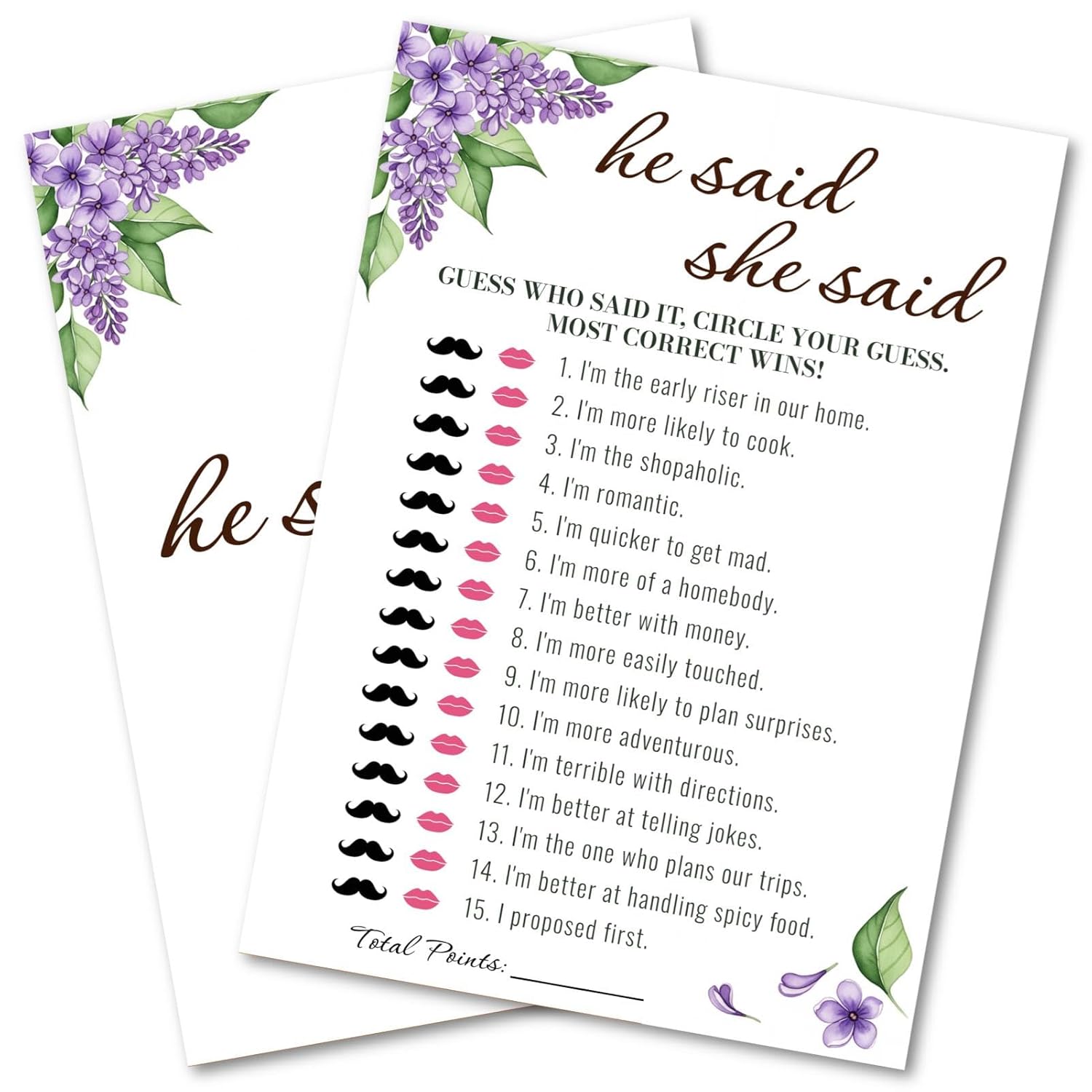 Bridal Shower Party Game Cards - He Said She Said For Wedding Engagement Bachelorette - Romantic Modern Simple Elegant - 30 Pcs 5X7 Inch Ready To Play Instant Fun Purple White Lilac