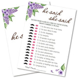 Bridal Shower Party Game Cards - He Said She Said For Wedding Engagement Bachelorette - Romantic Modern Simple Elegant - 30 Pcs 5X7 Inch Ready To Play Instant Fun Purple White Lilac