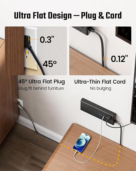 Surge Protector Power Strip 13 Outlets 4 USB Ports 2 USB C 10FT Flat Plug Extension Cord 2100J