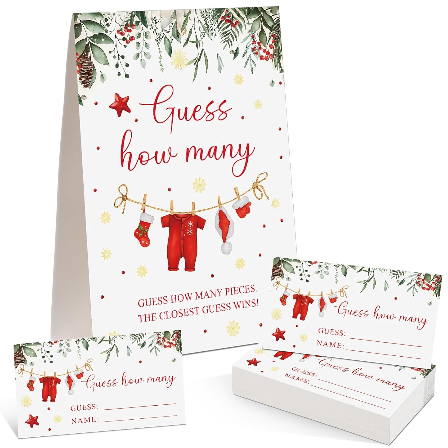 Christmas Guess How Many Baby Shower Game Pack Of 1 Tabletop Sign With Stand And 50 How Many Cards, Christmas Gender Reveal Party Game Decorations(Santa)