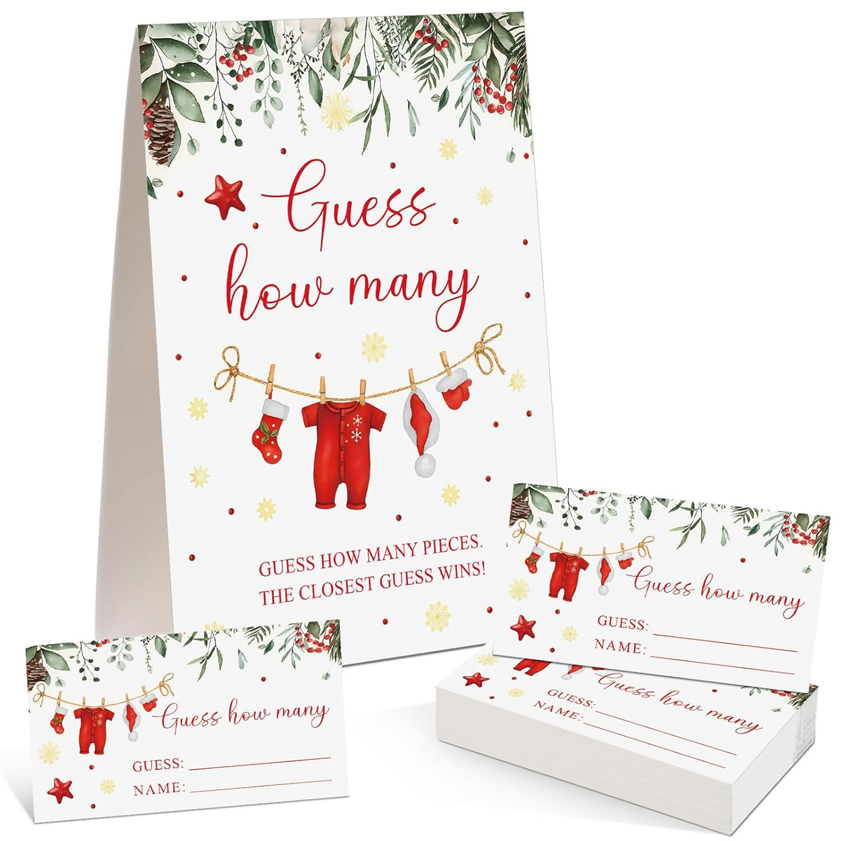 Christmas Guess How Many Baby Shower Game Pack Of 1 Tabletop Sign With Stand And 50 How Many Cards, Christmas Gender Reveal Party Game Decorations(Santa)