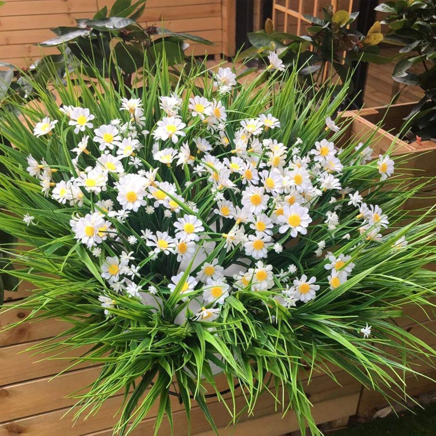 8 Bundles Artificial Daisies Flowers Outdoor Uv Resistant Fake Foliage Greenery Faux Plants Shrubs Plastic Bushes For Window Box Hanging Planter Farmhouse Indoor Outside Decor(White)