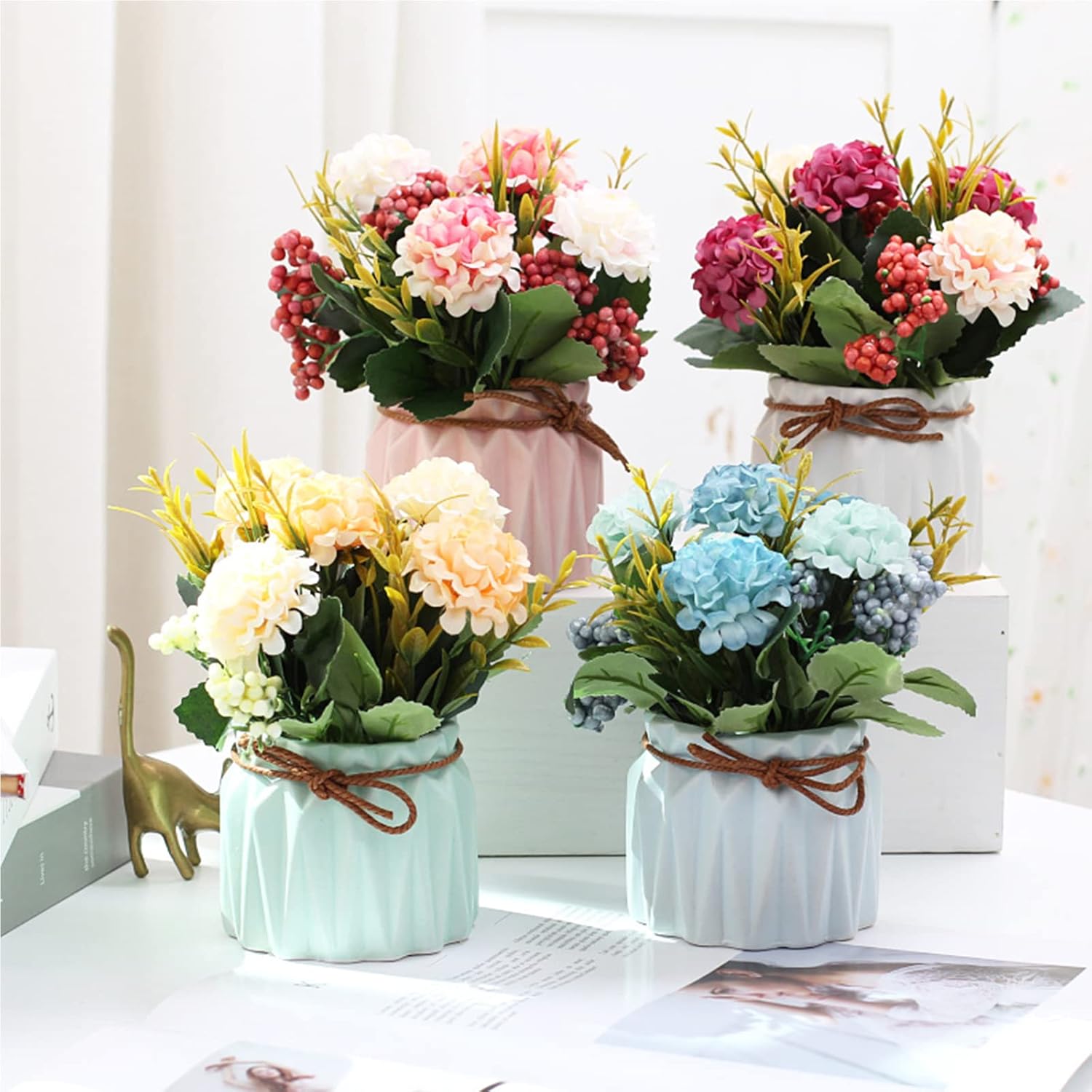 Fake Flowers In Vase For Centerpieces: 4 Pcs 5.9 Inch Small Artificial Hydrangea With Vase Table Decor - Faux Floral Arrangements Desk Home Party Bathroom Office Decorations