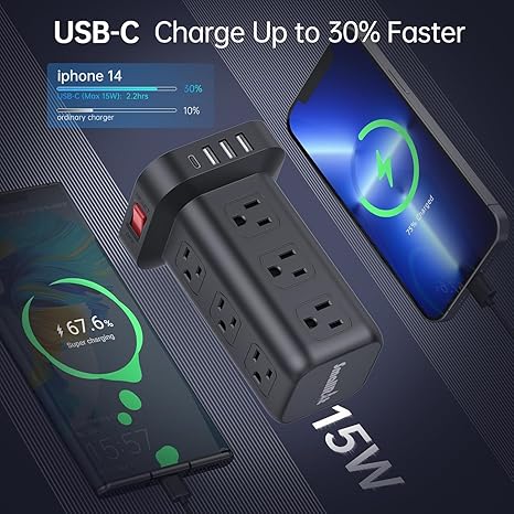 Power Strip Tower 12 Outlets 4 USB Ports 6.5FT Extension Cord Black
