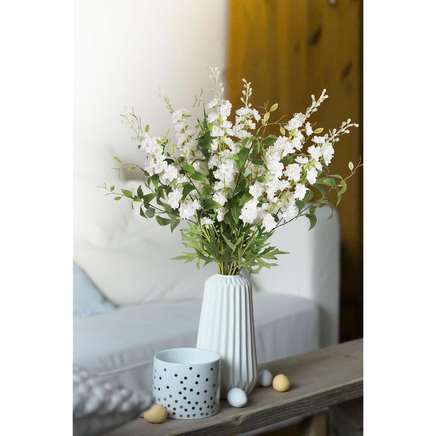 White Flowers Artificial Delphinium 9Pcs With Clematis Greenery For Wedding & Home Decor