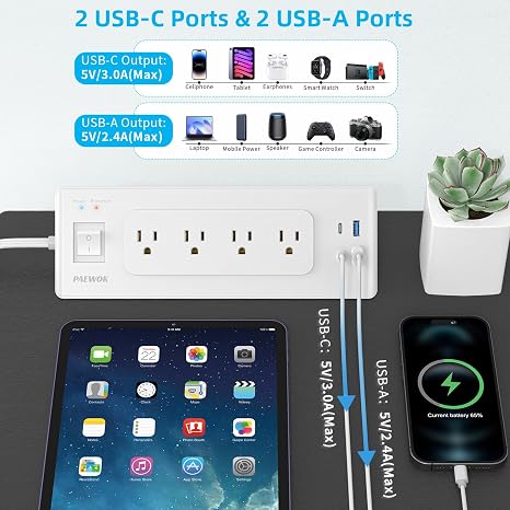 Outlet Extender Surge Protector 4 Outlets USB C USB Ports 6.5FT Flat Plug Extension Cord White