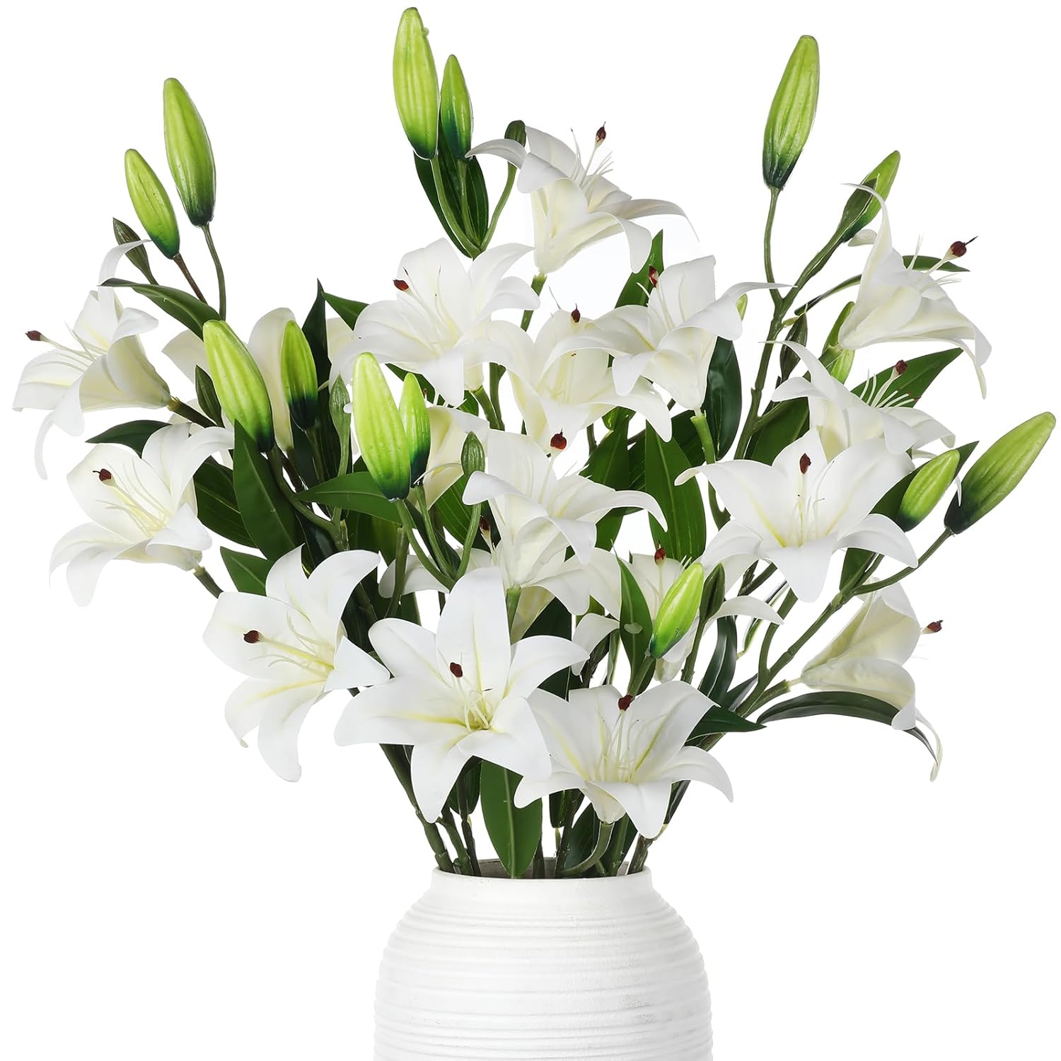 6 Pcs 18 Heads Artificial Lily Flowers 31.5'' Lily Flowers Long Stem Fake Bouquet Latex Realistic 3 Big Flower Heads And 3 Bud For Tall Vase Home Table Wedding Decoration(White)