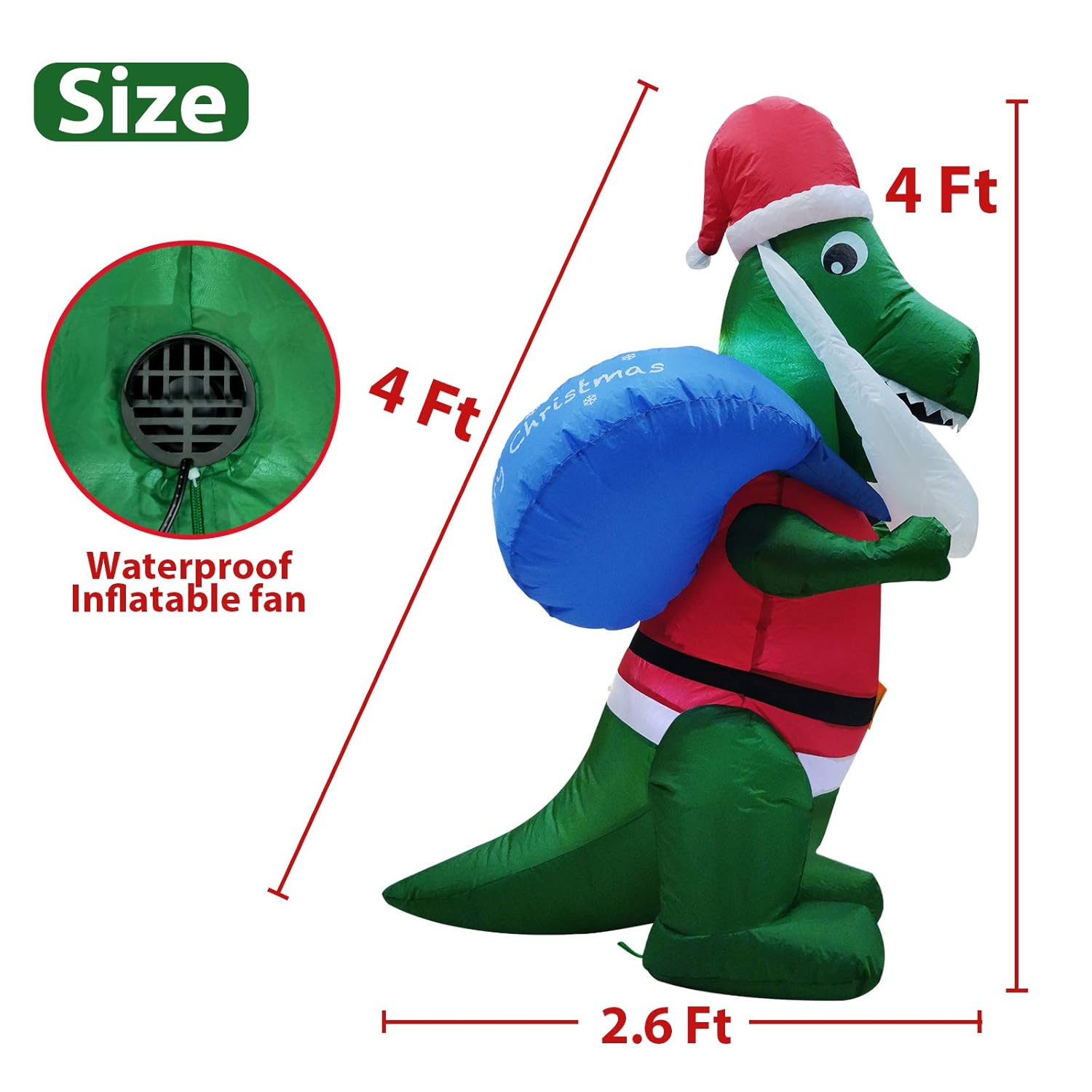 4 Ft Christmas Inflatables Santa Dinosaur With Led Light Stakes Tethers Outdoor Decoration