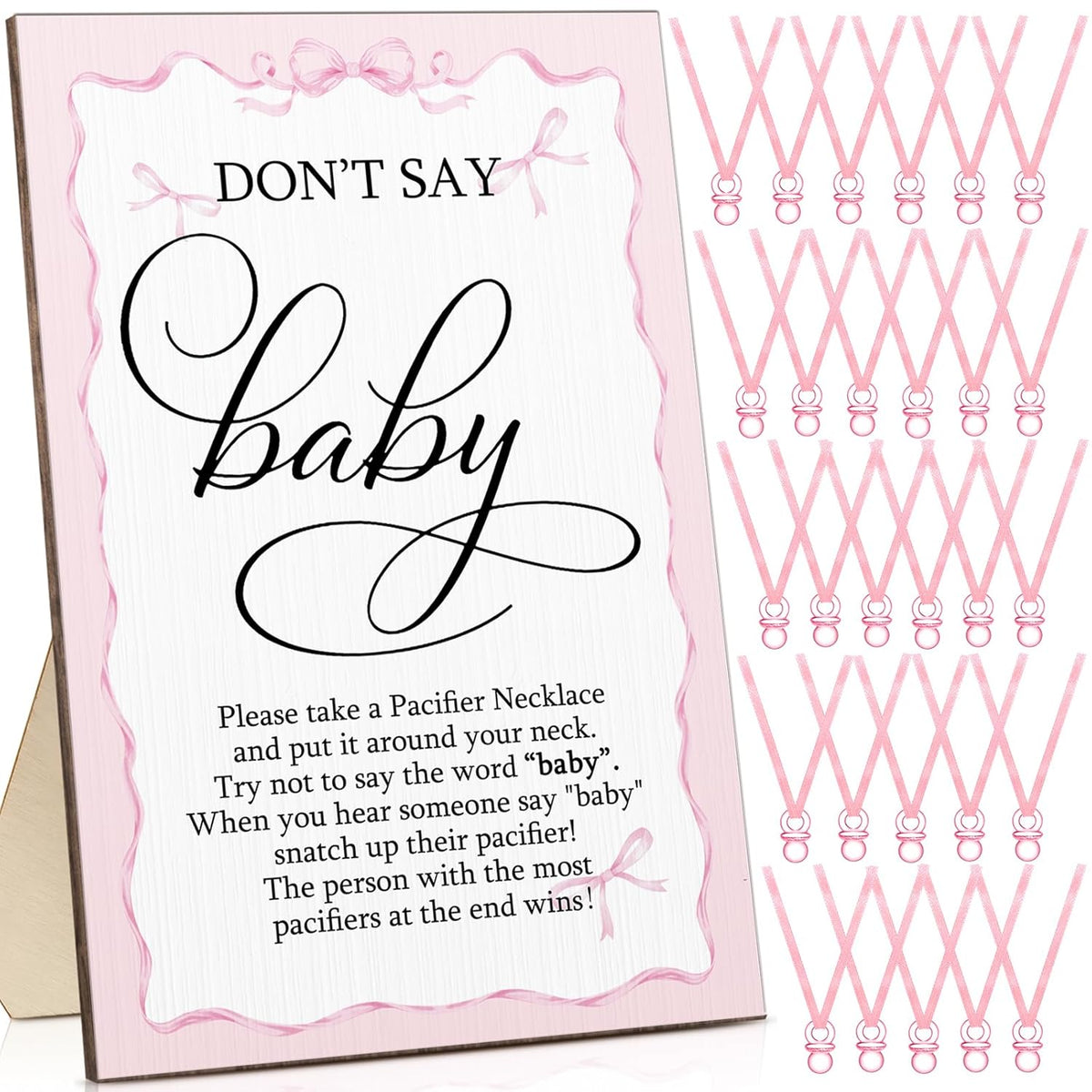 51 Pcs Don'T Say Baby Game Sign Cool Baby Shower Game 50 Pacifier Necklace Wooden Don'T Say Sign Plastic Pacifier Party Favor For Gender Reveal (Pink Bow,Pink)