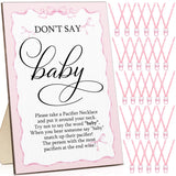 51 Pcs Don'T Say Baby Game Sign Cool Baby Shower Game 50 Pacifier Necklace Wooden Don'T Say Sign Plastic Pacifier Party Favor For Gender Reveal (Pink Bow,Pink)