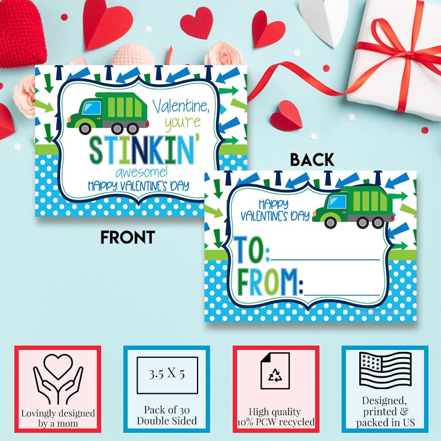 You'Re Awesome Garbage Truck Themed Valentine'S Day Cards For Kids To Give To Friends & Classmates, Thirty (30) 3.5" X 5" Fill In Cards (Without Envelopes) By Amandacreation