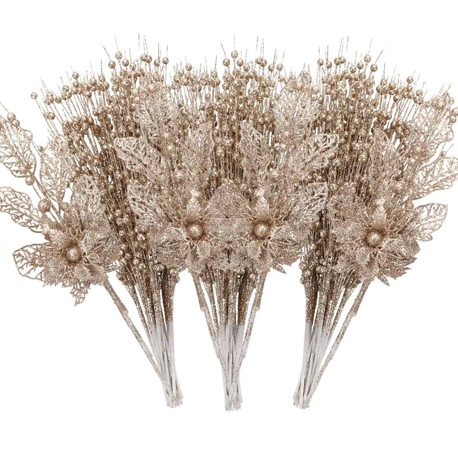 28 Pack Christmas Tree Ornaments Set, Champagne Artificial Glitter Berry Flowers Stem Branches Picks For Xmas Tree Decoration Gift Small Vase Home Holiday Wedding Party Decor