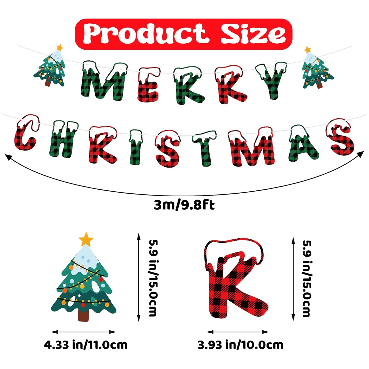 Merry Christmas Banner Indoor, Pre-Strung Mantle Christmas Decor, Buffalo Plaid Xmas Banner With Tree, Merry Xmas Sign For Winter New Year Party Fireplace Hanging Sign Supplies