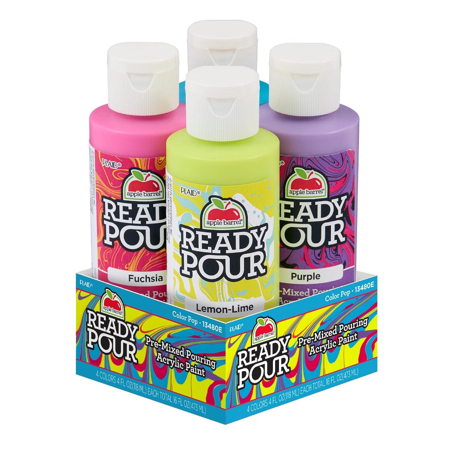 Apple Barrel Color Pop Pre-Mixed Pouring Paint Set, Set of 4 Fluid Ready Pour Paints Perfect for DIY Arts and Crafts Projects, 13480E