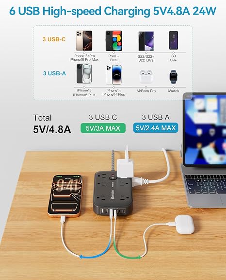 Power Strip Surge Protector 12 Outlets 6 USB Ports 3 USB C 5FT Flat Plug Extension Cord Black