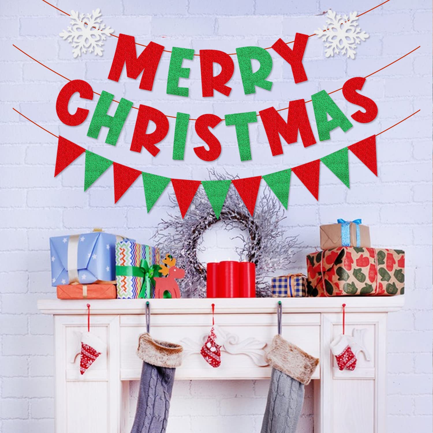 Merry Christmas Banner Red Green Glitter,Christmas Pennant Banner Triangle Flag,Christmas Party Decorations,Xmas Decorations,Xmas Home Office Party Fireplace Mantel Decorations