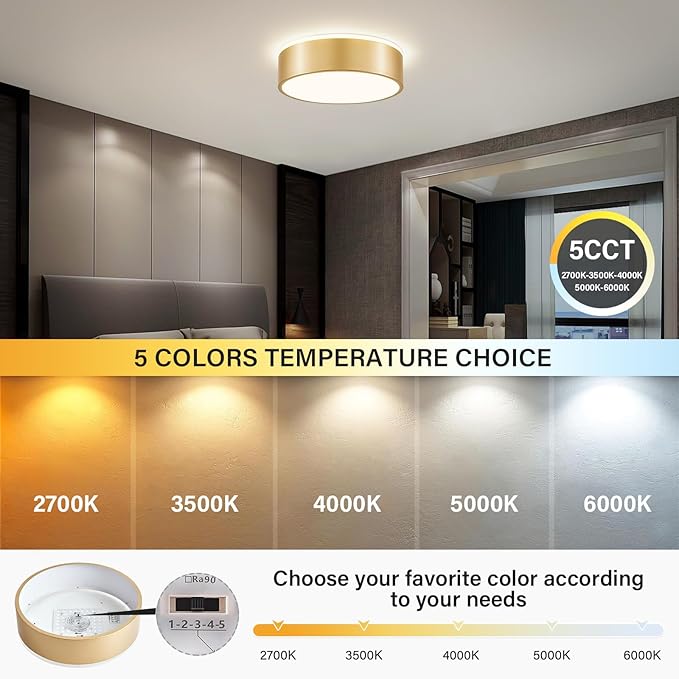 11.8 Inch Gold LED Ceiling Light 5CCT Dimmable Flush Mount Fixture