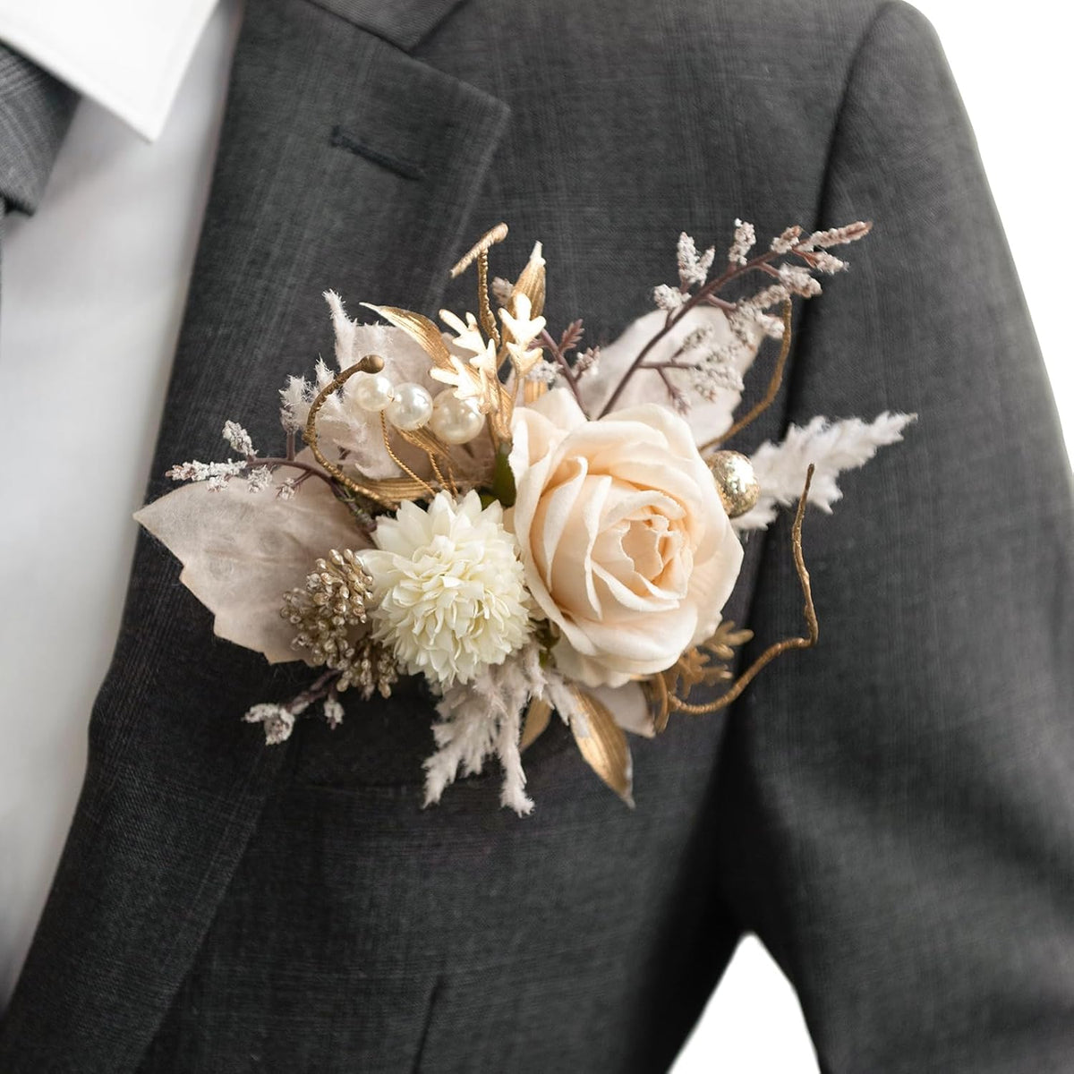 Pocket Boutonniere Single, Boutonniere For Men Groom For Wedding, Prom, Homecoming, Anniversary, Graduation, Etc.White Beige, 6" W X 5" H